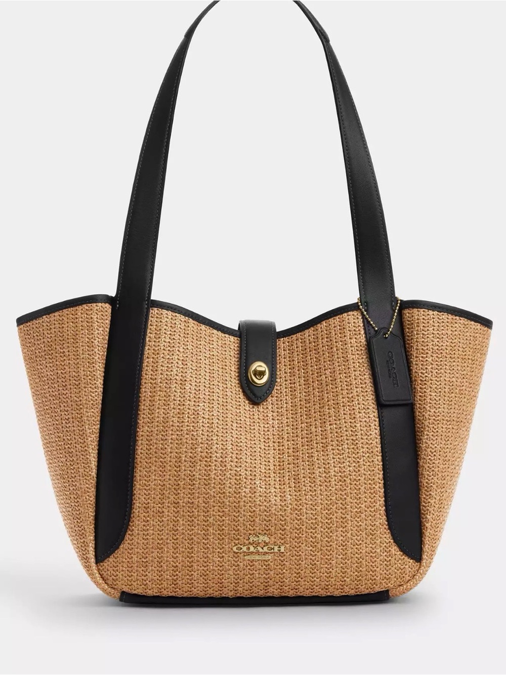 COACH Hadley Turn Lock Tote Bag Toast / Black Straw Smooth Leather